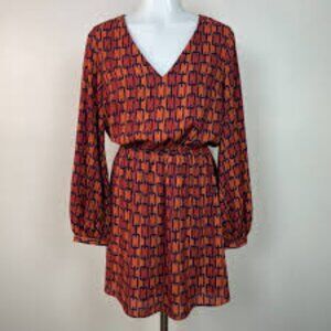 Express Dress Orange/Navy Blue Chain Link Elastic Waist V-Neck Long Sleeve Med.